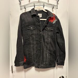 American Eagle Women's XS Embroidered Floral Long Denim Jean Jacket Black rose